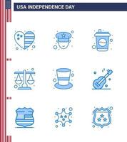 Happy Independence Day USA Pack of 9 Creative Blues of hat american cola scale justice Editable USA Day Vector Design Elements