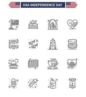 feliz día de la independencia paquete de 16 líneas signos y símbolos para el arco americano americano amor usa elementos de diseño vectorial editables del día de estados unidos vector