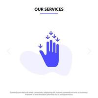 nuestros servicios gesto mano flecha abajo icono de glifo sólido plantilla de tarjeta web vector