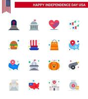 USA Independence Day Flat Set of 16 USA Pictograms of garland decoration irish buntings flag Editable USA Day Vector Design Elements