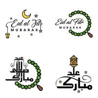 Eid Mubarak Calligraphy Pack Of 4 Greeting Messages Hanging Stars and Moon on Isolated White Background Religious Muslim Holiday vector