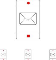 aplicación móvil aplicación móvil correo negrita y delgada línea negra conjunto de iconos vector