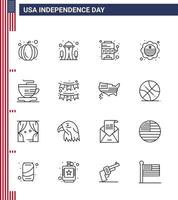 Happy Independence Day Pack of 16 Lines Signs and Symbols for coffee tea machine badge flag Editable USA Day Vector Design Elements