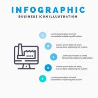 plantilla de infografía azul de fábrica de monitor de edificio de computadora plantilla de icono de línea de vector de 5 pasos