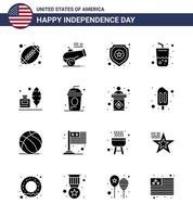 4th July USA Happy Independence Day Icon Symbols Group of 16 Modern Solid Glyphs of feather cola shield summer glass Editable USA Day Vector Design Elements