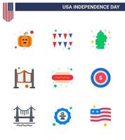 Happy Independence Day 4th July Set of 9 Flats American Pictograph of hot i dog plant hot dog saloon Editable USA Day Vector Design Elements