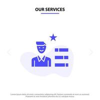 nuestros servicios encontrar trabajo lupa de recursos humanos icono de glifo sólido personal plantilla de tarjeta web vector