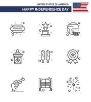 Set of 9 Modern Lines pack on USA Independence Day corn dog stage football election united Editable USA Day Vector Design Elements