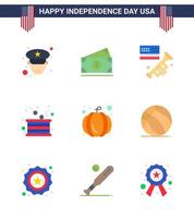 USA Happy Independence DayPictogram Set of 9 Simple Flats of pumpkin independence speaker independence drum Editable USA Day Vector Design Elements