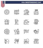 Big Pack of 16 USA Happy Independence Day USA Vector Lines and Editable Symbols of handbag usa tea party cake Editable USA Day Vector Design Elements