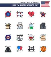 feliz paquete del día de la independencia de 16 líneas planas llenas de signos y símbolos para usa bag love usa american elementos de diseño vectorial editables del día de usa vector