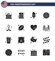 Set of 16 Modern Solid Glyphs pack on USA Independence Day ice american popsicle badge celebration Editable USA Day Vector Design Elements