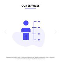 nuestros servicios habilidades habilidades empleado humano hombre personas icono de glifo sólido plantilla de tarjeta web vector