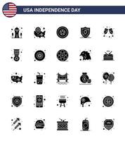 4th July USA Happy Independence Day Icon Symbols Group of 25 Modern Solid Glyph of wine shield location pin protection medal Editable USA Day Vector Design Elements