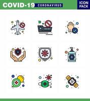 prevención del virus de la corona covid19 consejos para evitar lesiones 9 línea llena icono de color plano para la presentación protección de seguridad protección de viaje coronavirus viral limpio 2019nov elementos de diseño de vectores de enfermedades