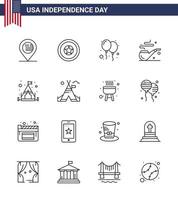 feliz día de la independencia paquete de iconos de 16 líneas para web e imprimir globos de campamento de tienda st pipe elementos de diseño vectorial editables del día de estados unidos vector