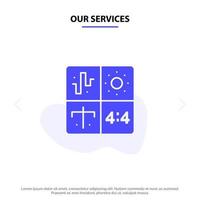 Our Services Audio Design Development Engineering Process Solid Glyph Icon Web card Template vector