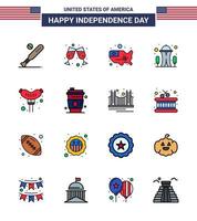 USA Happy Independence DayPictogram Set of 16 Simple Flat Filled Lines of frankfurter space map needle building Editable USA Day Vector Design Elements