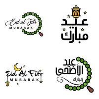 paquete moderno de 4 eidkum mubarak árabe tradicional tipografía kufic cuadrada moderna texto de saludo decorado con estrellas y luna vector