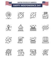 Group of 16 Lines Set for Independence day of United States of America such as american party american independence festival Editable USA Day Vector Design Elements