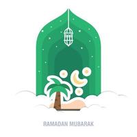 ramadan kareem diseño islámico luna creciente y silueta de cúpula de mezquita con patrón árabe y caligrafía vector