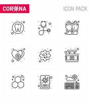 9 Line Set of corona virus epidemic icons such as patogen infection hand care love viral coronavirus 2019nov disease Vector Design Elements