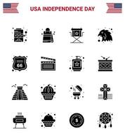 Solid Glyph Pack of 16 USA Independence Day Symbols of shield eagle chair bird television Editable USA Day Vector Design Elements