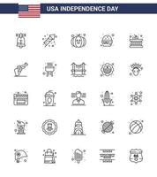 USA Independence Day Line Set of 25 USA Pictograms of sticks drum food meal fast Editable USA Day Vector Design Elements