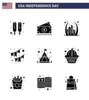 Happy Independence Day 4th July Set of 9 Solid Glyphs American Pictograph of camp party building decoration american Editable USA Day Vector Design Elements