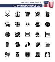 Stock Vector Icon Pack of American Day 25 Solid Glyph Signs and Symbols for drink american ball washington sports ball Editable USA Day Vector Design Elements