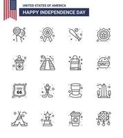 Big Pack of 16 USA Happy Independence Day USA Vector Lines and Editable Symbols of usa badge ball security usa Editable USA Day Vector Design Elements