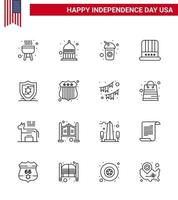 Set of 16 Modern Lines pack on USA Independence Day shield american cola usa cap Editable USA Day Vector Design Elements