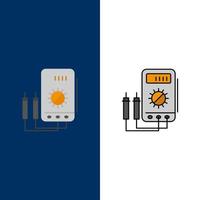 Voltmeter Ampere Watt Digital Tester  Icons Flat and Line Filled Icon Set Vector Blue Background