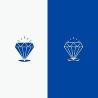 brillo de diamante línea de piedra costosa y glifo icono sólido línea de bandera azul y glifo icono sólido bandera azul vector