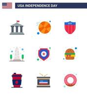 Happy Independence Day USA Pack of 9 Creative Flats of police washington shield usa monument Editable USA Day Vector Design Elements