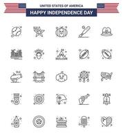 Group of 25 Lines Set for Independence day of United States of America such as cap usa food sports baseball Editable USA Day Vector Design Elements