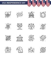 16 USA Line Pack of Independence Day Signs and Symbols of food usa festival building pumpkin white Editable USA Day Vector Design Elements