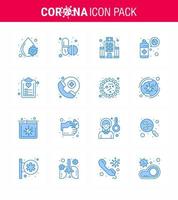 COVID19 corona virus contamination prevention Blue icon 25 pack such as diet protection building virus cleaning viral coronavirus 2019nov disease Vector Design Elements