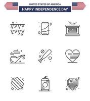 USA Independence Day Line Set of 9 USA Pictograms of heart bat holiday baseball smoke Editable USA Day Vector Design Elements