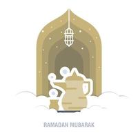 Ramadan Kareem islamic design crescent moon and mosque dome silhouette with arabic pattern and calligraphy vector