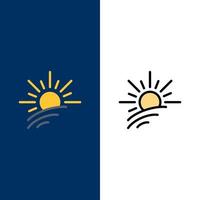 brillo luz sol primavera iconos planos y llenos de línea conjunto de iconos vector fondo azul