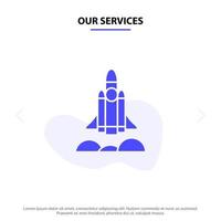 nuestros servicios negocio de inicio de unicornio inicio de cohete icono de glifo sólido plantilla de tarjeta web vector