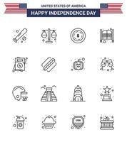 conjunto de 16 iconos del día de los ee.uu. símbolos americanos signos del día de la independencia para la barra de salón de la escala del día de la invitación elementos de diseño del vector del día de los ee.uu. editables