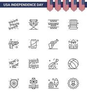 Modern Set of 16 Lines and symbols on USA Independence Day such as army gun buntings usa hat Editable USA Day Vector Design Elements