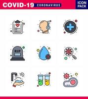 Coronavirus Prevention Set Icons 9 Filled Line Flat Color icon such as blood mortality temperature grave sign viral coronavirus 2019nov disease Vector Design Elements