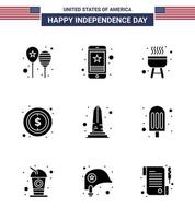 USA Happy Independence DayPictogram Set of 9 Simple Solid Glyphs of landmark dollar mobile money cook Editable USA Day Vector Design Elements