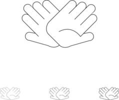 las manos de caridad ayudan a ayudar a las relaciones conjunto de iconos de línea negra audaz y delgada vector