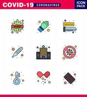 9 Filled Line Flat Color Set of corona virus epidemic icons such as building thermometer care temperature virus viral coronavirus 2019nov disease Vector Design Elements