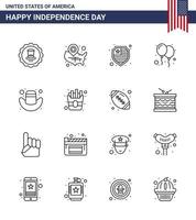 paquete de línea de 16 símbolos del día de la independencia de estados unidos de la ubicación de la fiesta de la gorra globos del día del pin elementos de diseño vectorial del día de estados unidos editables vector