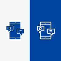 línea de promoción de red de medios comunitarios de chat y glifo icono sólido línea de banner azul y glifo icono sólido banner azul vector